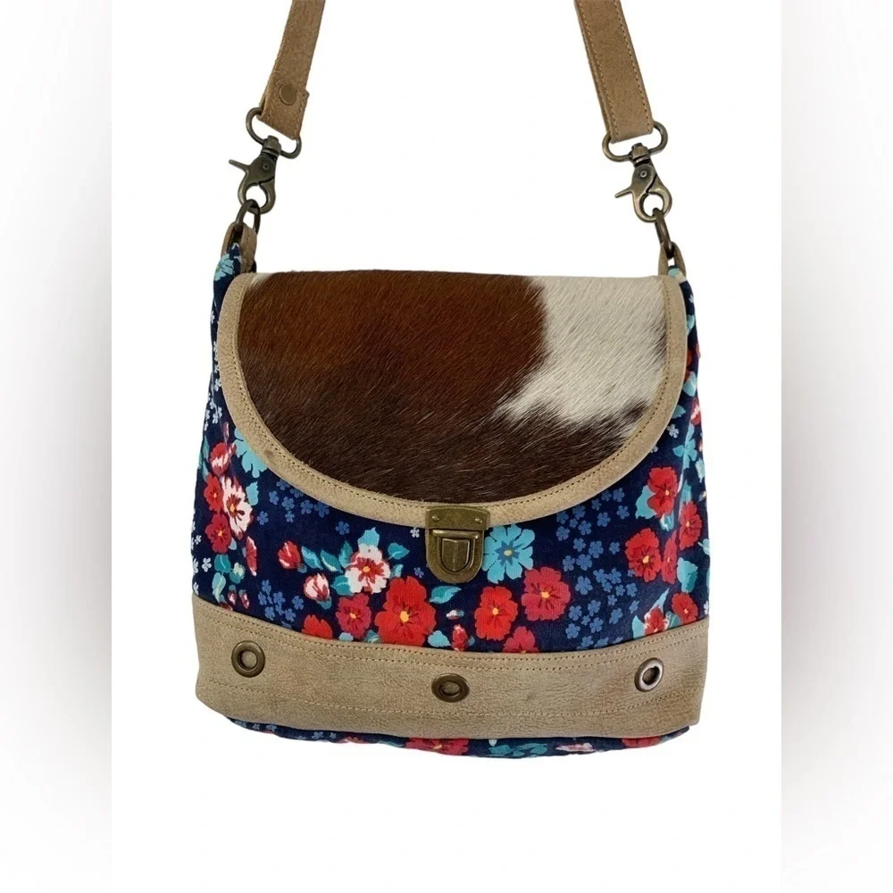 MYRA Bag Cross Body Floral Cowhide Leather Calf Hair Handcrafted Bag